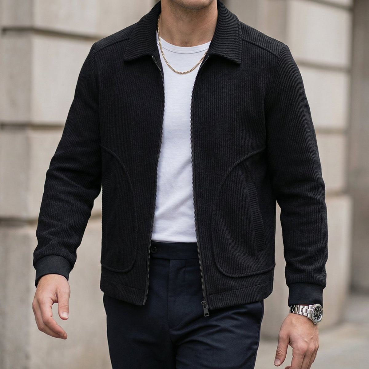Men's Corduroy Zip-Up Collared Bomber Jacket
