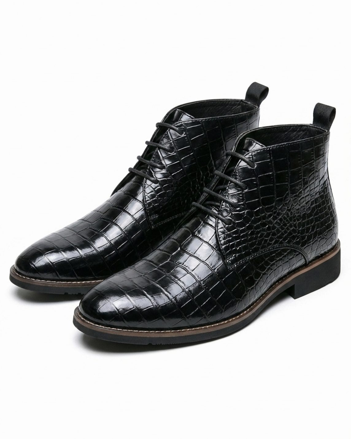 Men's Croc-Embossed Lace-Up Leather Ankle Boots - Black