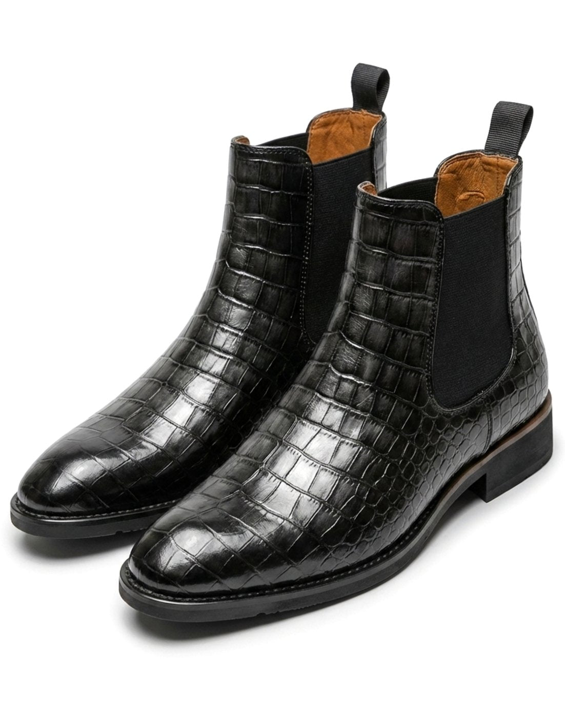 Men's Croc-Embossed Lace-Up Leather Ankle Boots - Black