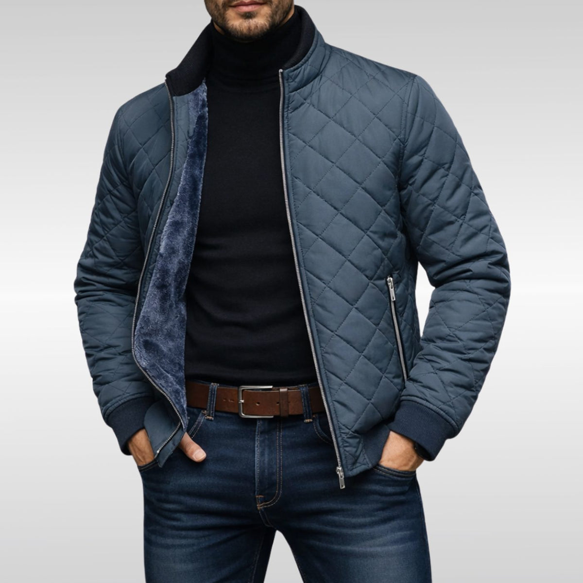 Men's Diamond-Quilted Fleece-Lined Winter Jacket - Grey