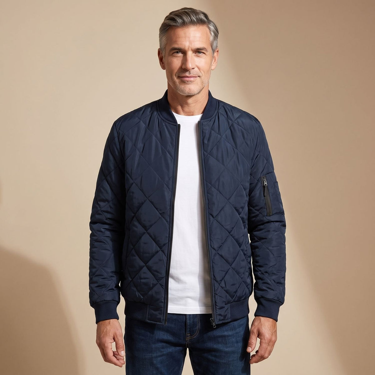Men's Diamond-Quilted Lightweight Spring Bomber Jacket - Navy Blue
