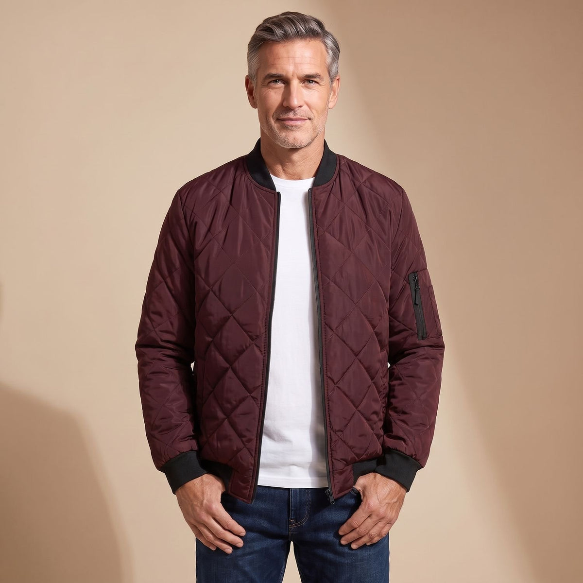 Men's Diamond-Quilted Lightweight Spring Bomber Jacket - Burgundy