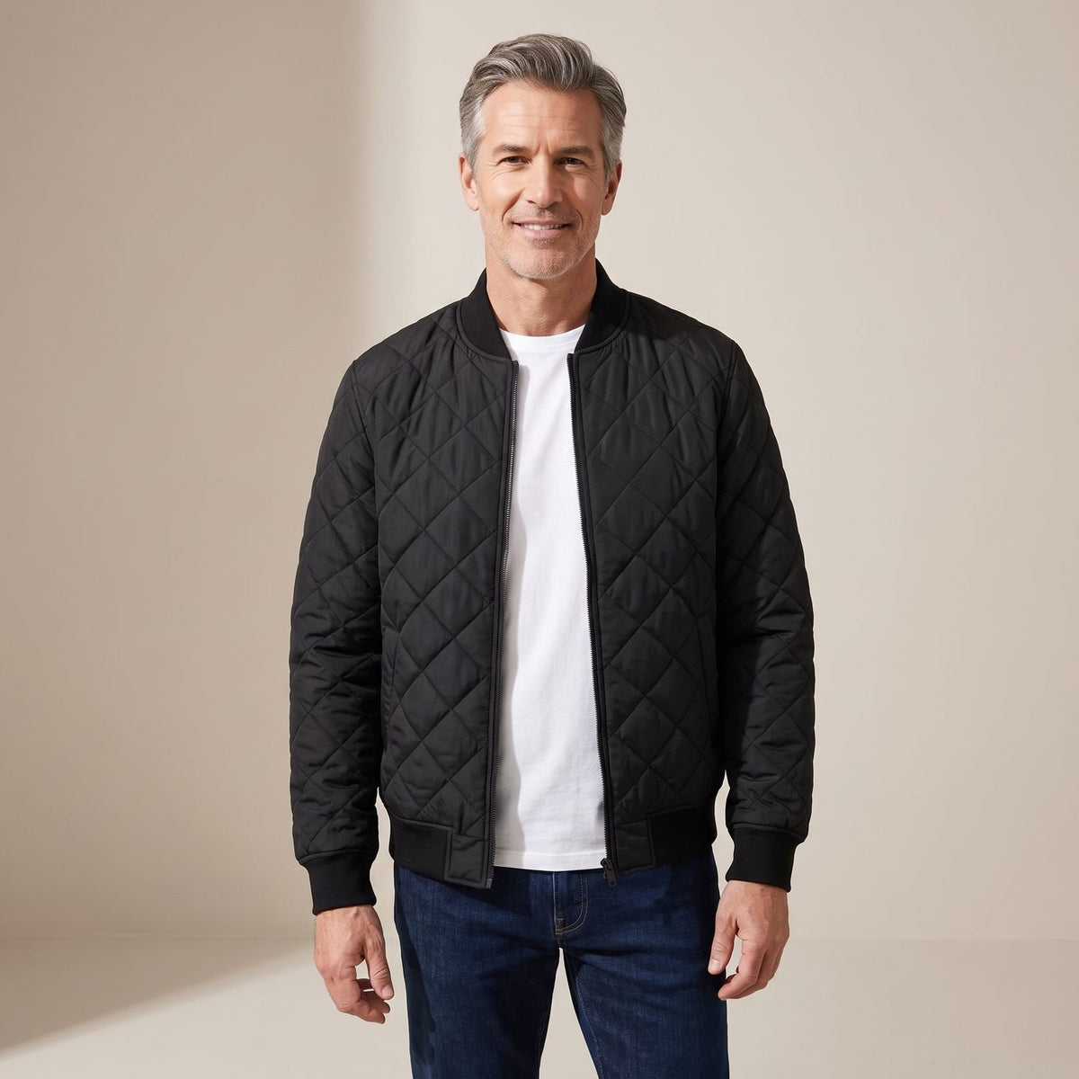 Men's Diamond-Quilted Lightweight Spring Bomber Jacket - Black