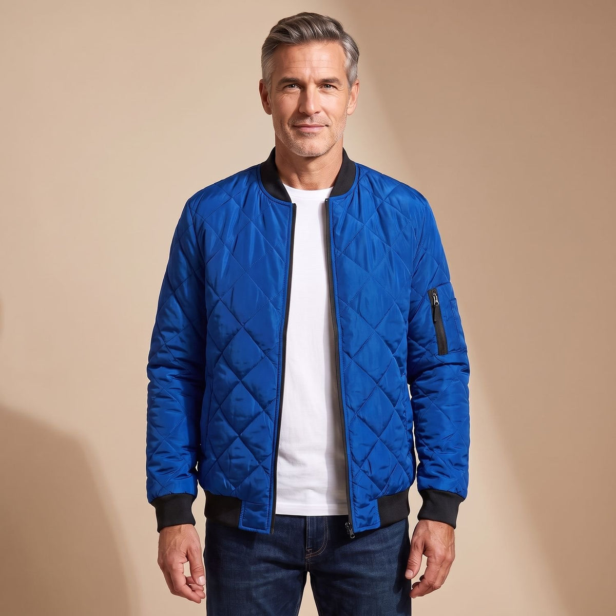 Men's Diamond-Quilted Lightweight Spring Bomber Jacket - Blue