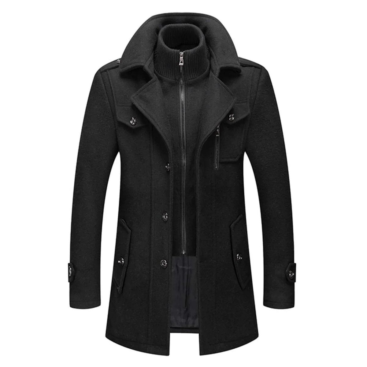 Men's Double-Collar Wool Blend Winter Coat Knit Insert - Black