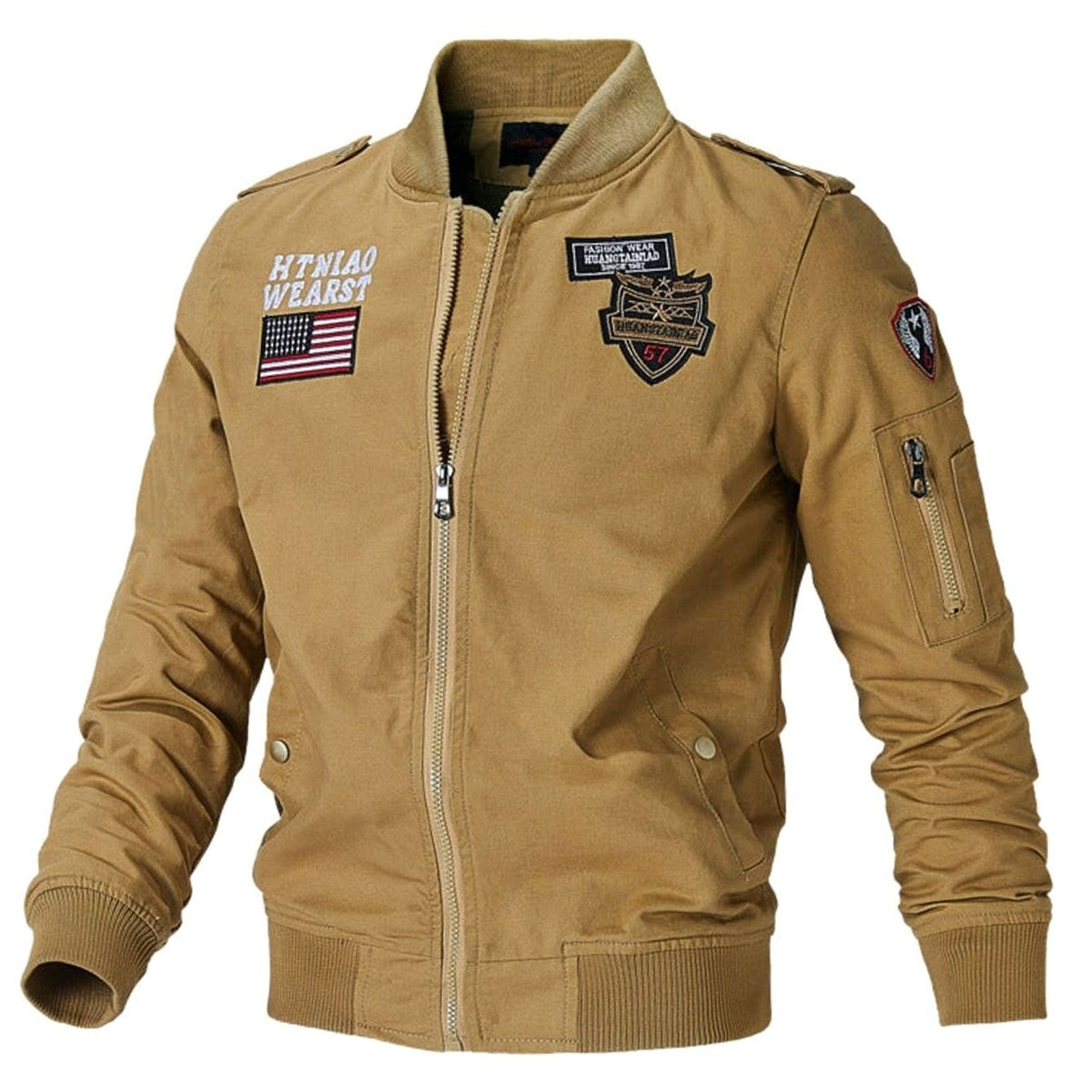 Men's Embroidered Patch Zip-Up Bomber Jacket with Pockets