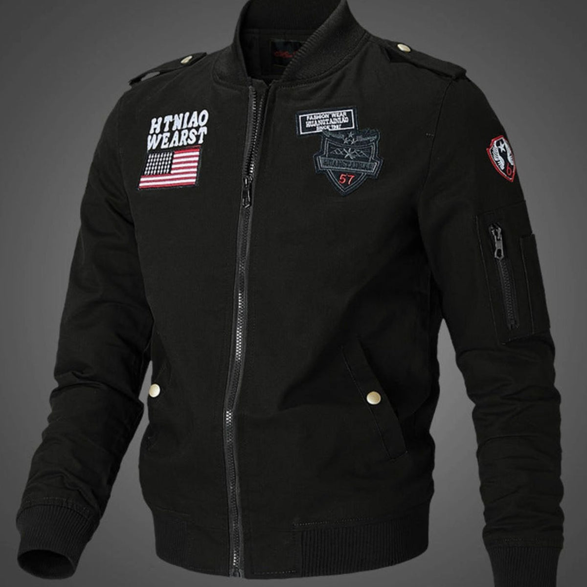Men's Embroidered Patch Zip-Up Bomber Jacket with Pockets - Black