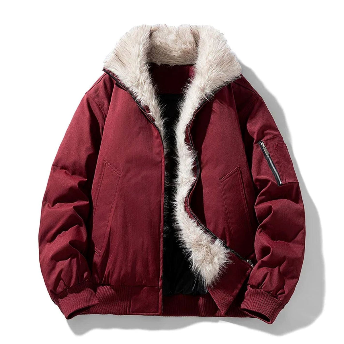 Men's Faux Fur Lined Bomber Winter Jacket - Red