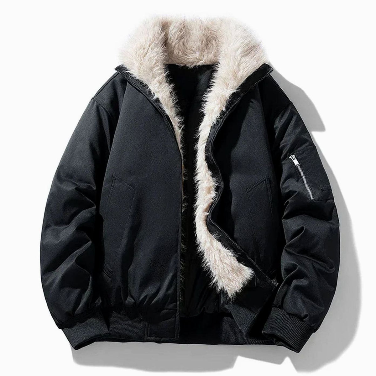 Men's Faux Fur Lined Bomber Winter Jacket - Black