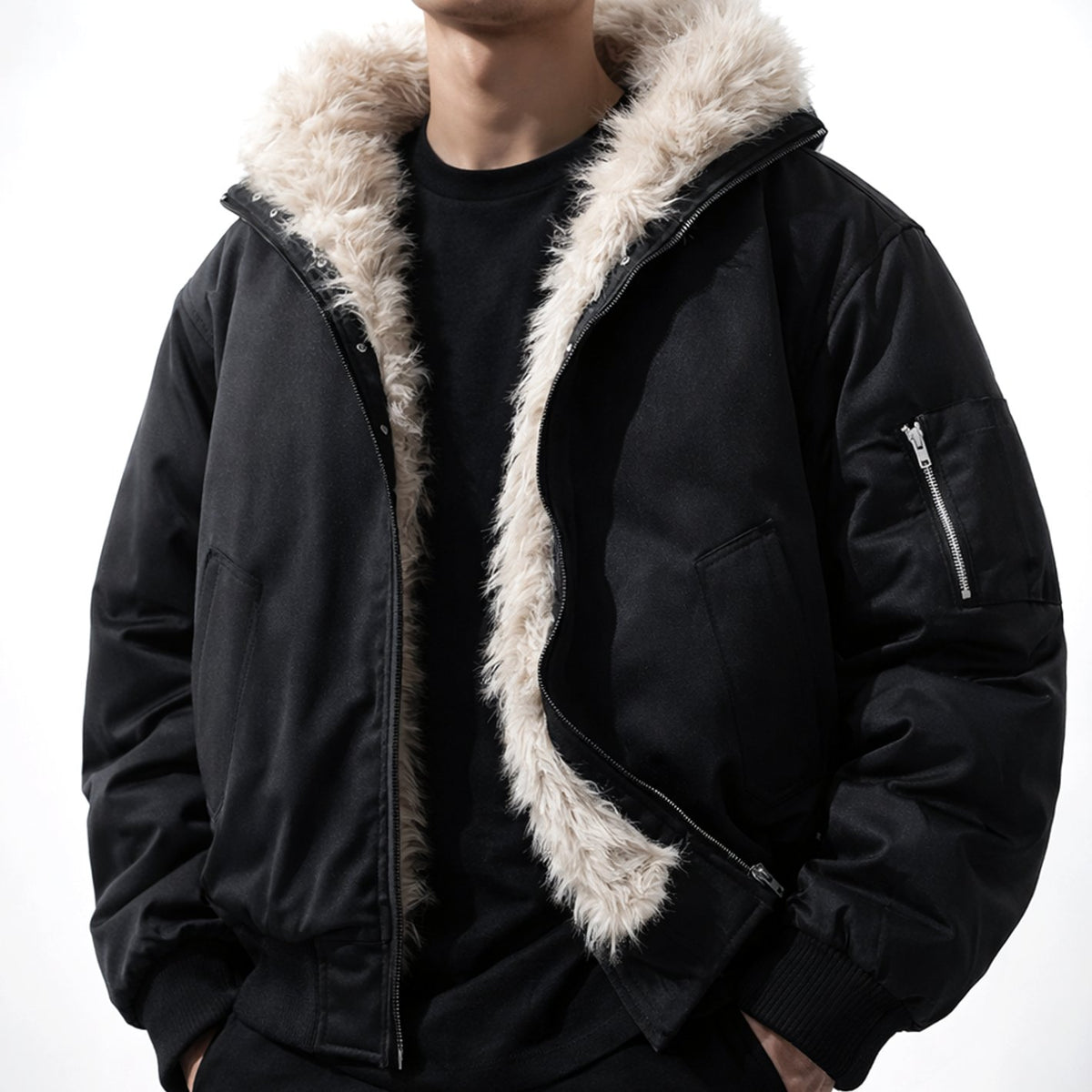 Men's Faux Fur Lined Bomber Winter Jacket