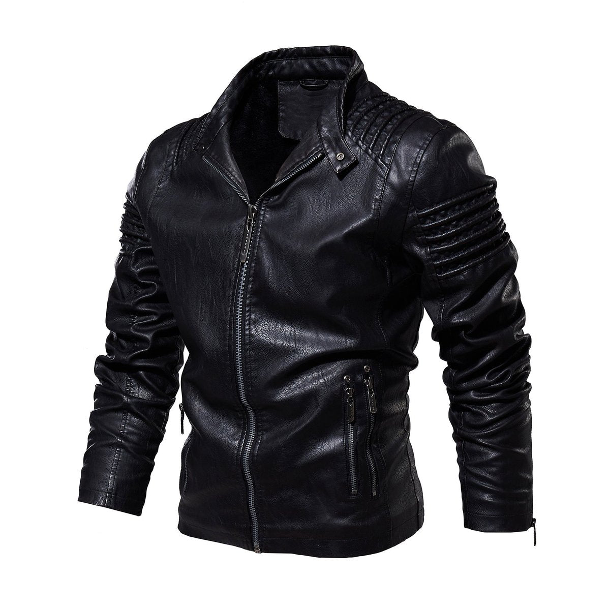 Men's Faux Leather Biker Jacket Structured Shoulder Zip