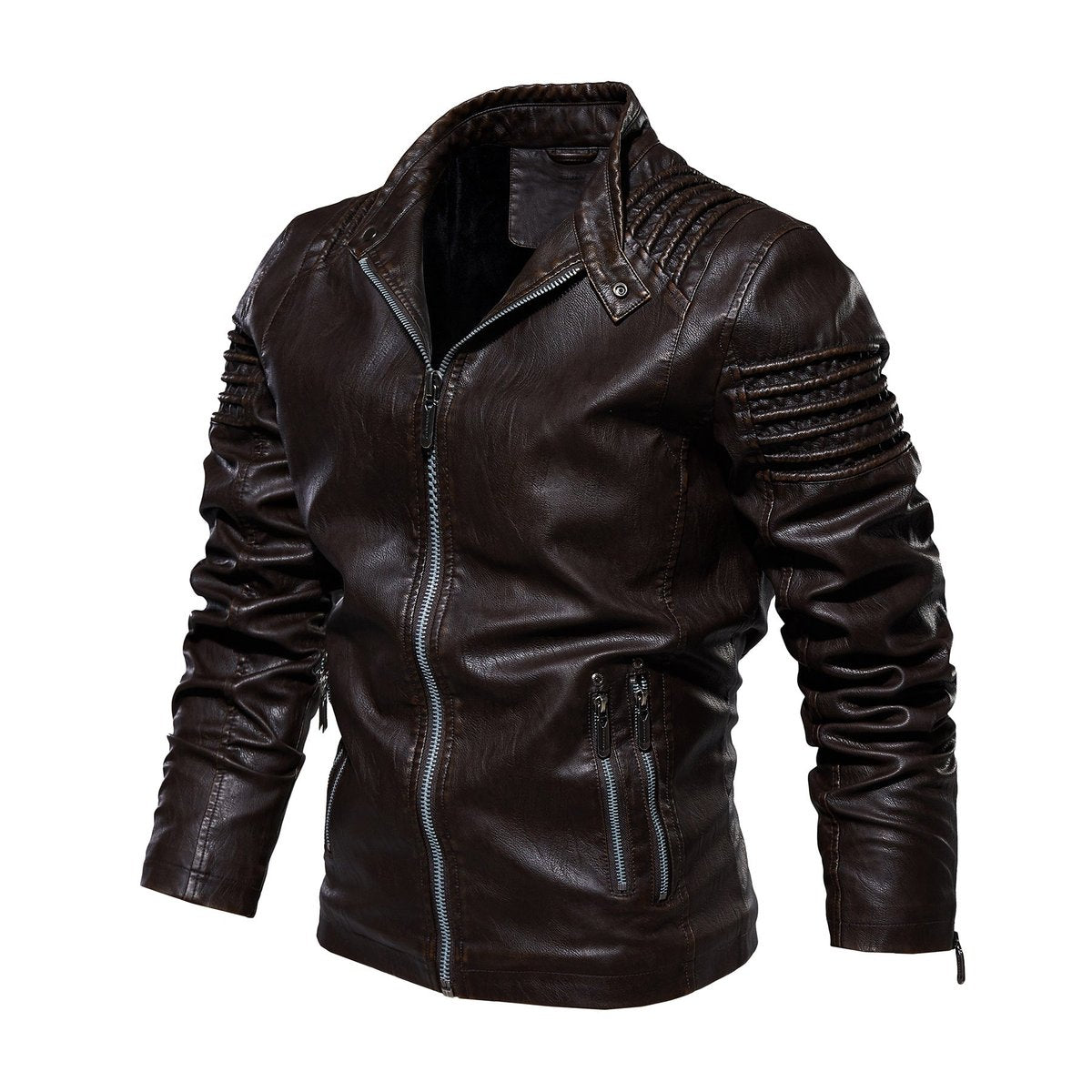 Men's Faux Leather Biker Jacket Structured Shoulder Zip