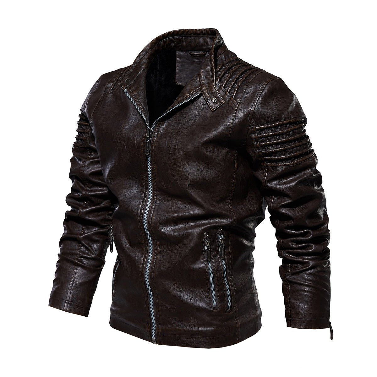 Men's Faux Leather Biker Jacket Structured Shoulder Zip - Brown