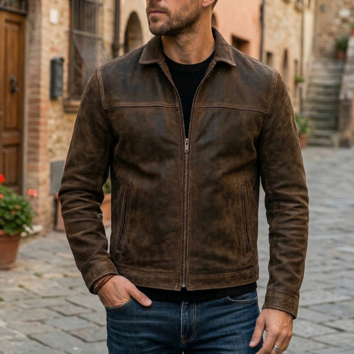 Men's Fitted Distressed Leather Coats Jackets Full-Zip Collar - Brown