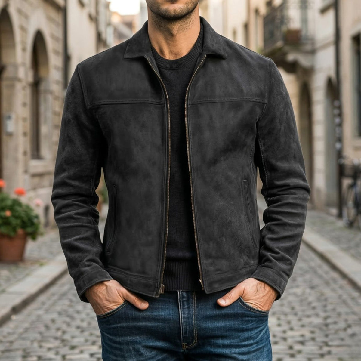 Men's Fitted Distressed Leather Coats Jackets Full-Zip Collar - Black