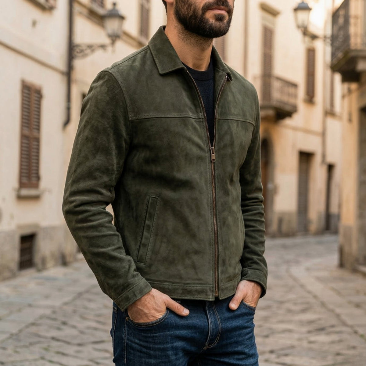 Men's Fitted Distressed Leather Coats Jackets Full-Zip Collar - Green