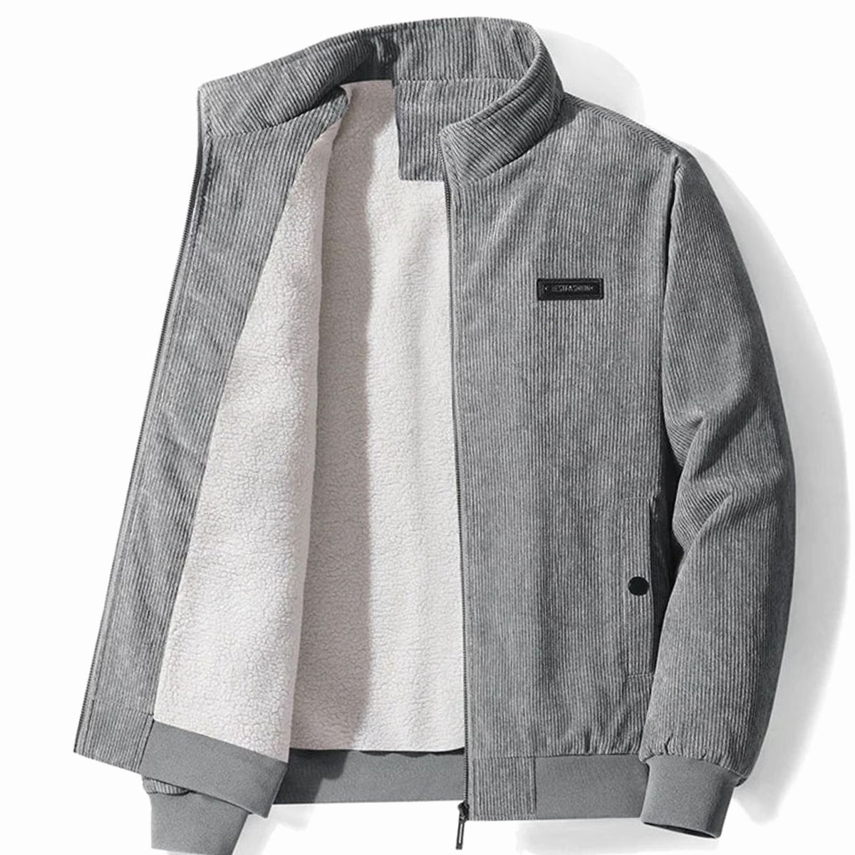 Men's Fleece-Lined Corduroy Zip-Up Bomber Jacket - Grey