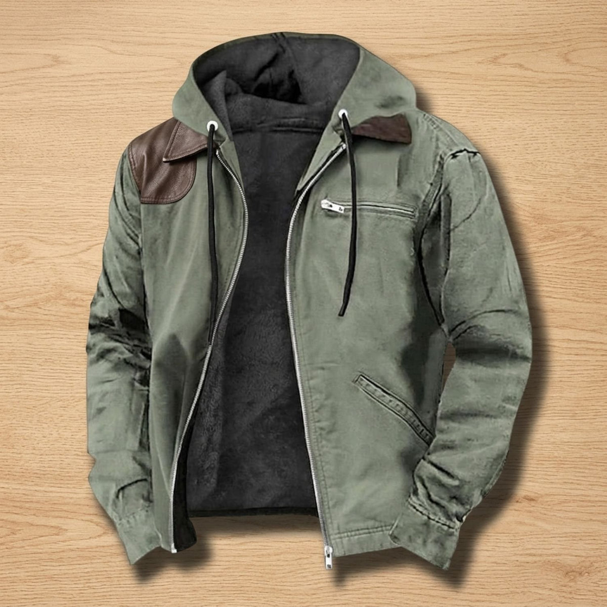 Men's Fleece-Lined Hooded Canvas Winter Jacket - Green