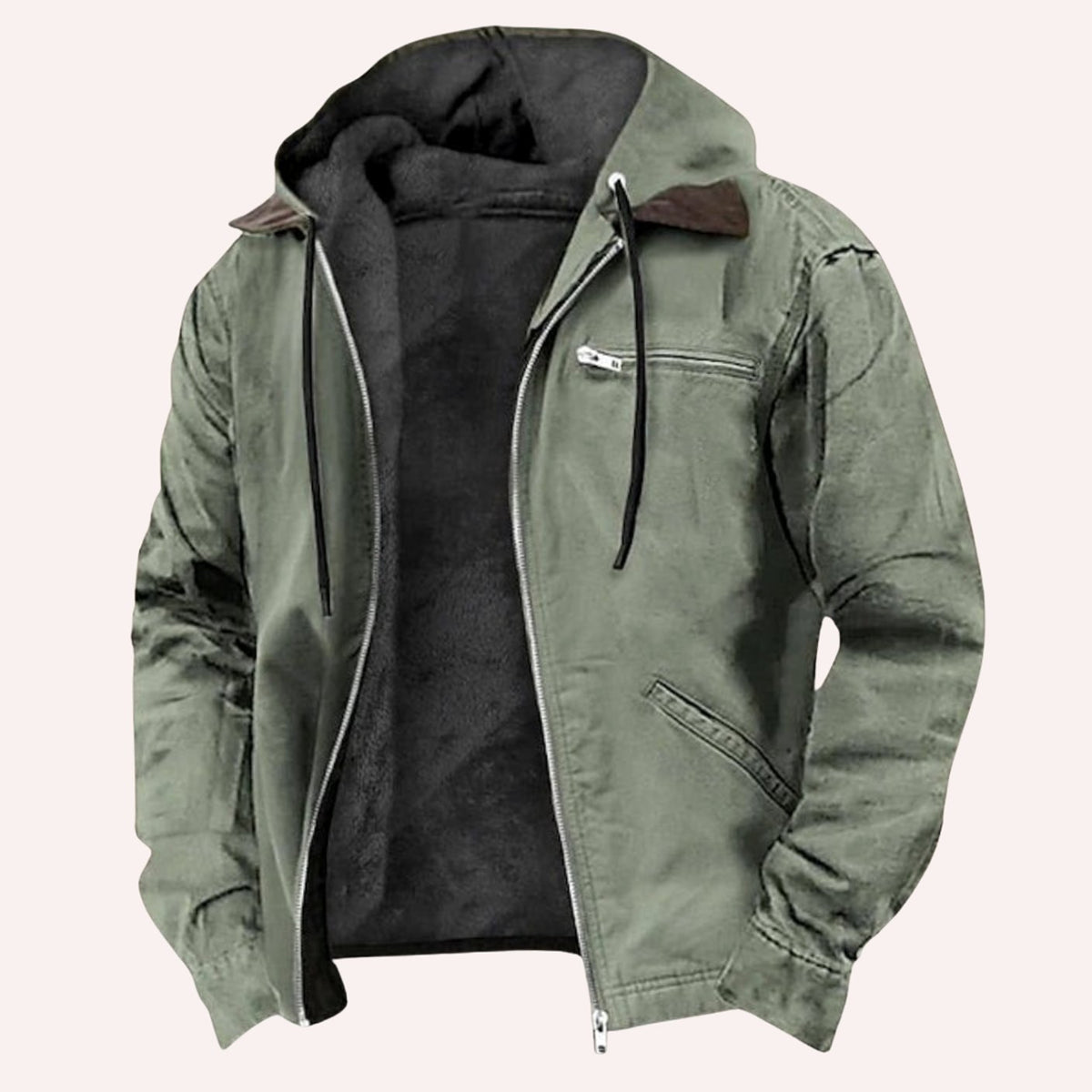 Men's Fleece-Lined Hooded Cotton-Blend Zip-Up Jacket - Green