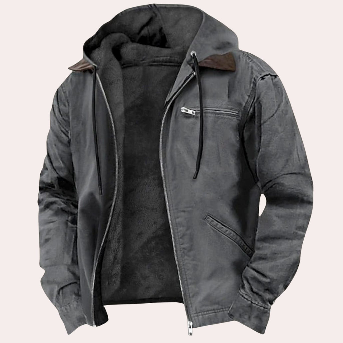 Men's Fleece-Lined Hooded Cotton-Blend Zip-Up Jacket - Grey