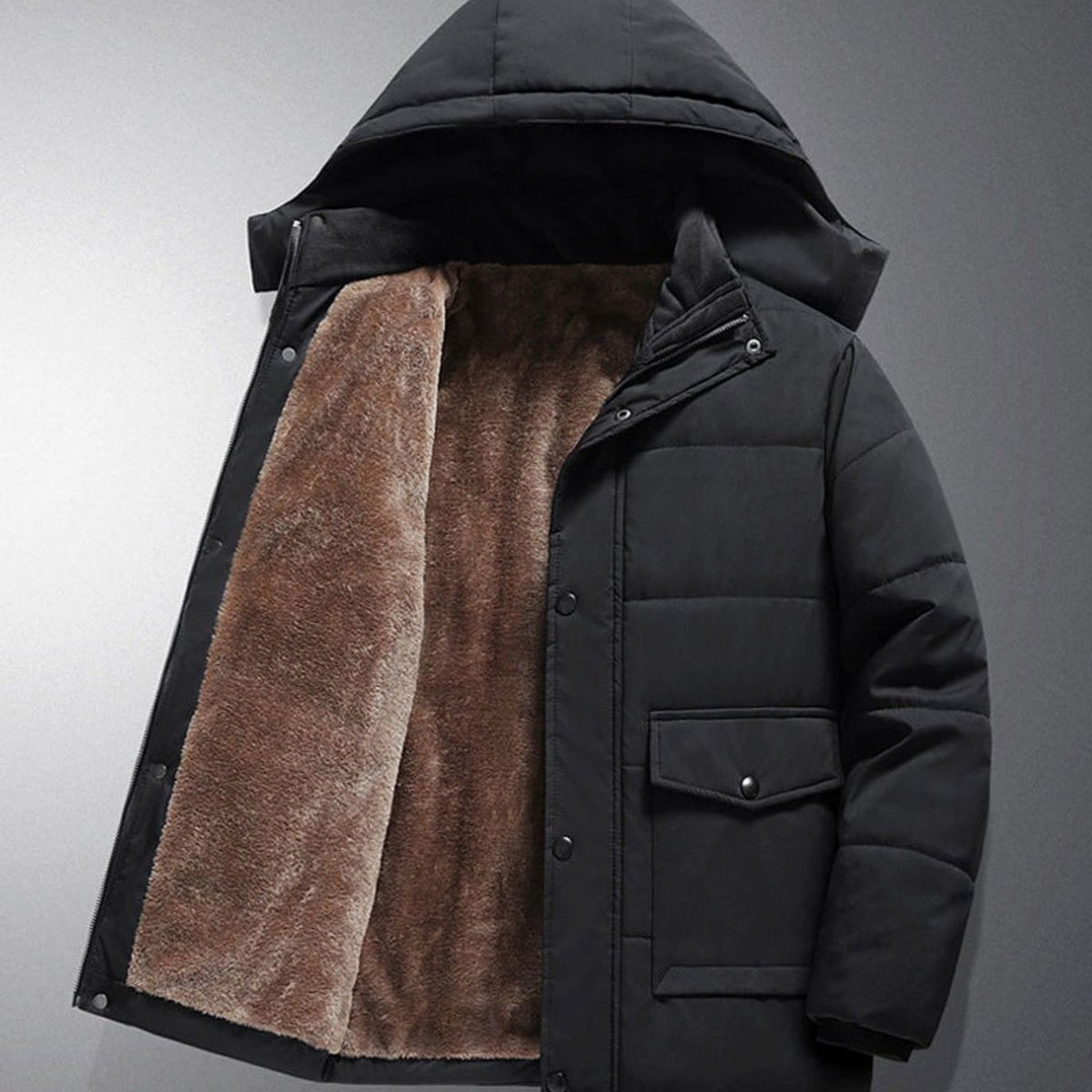 Men's Fleece-Lined Hooded Quilted Winter Puffer Jacket - Black