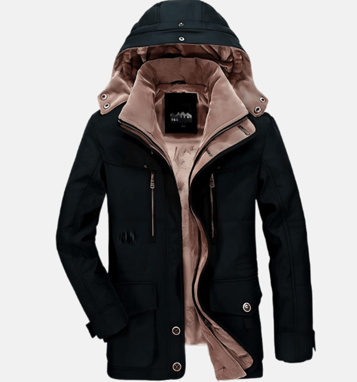 Men's Fleece-Lined Hooded Winter Parka Deep-Pocket Jacket - Black