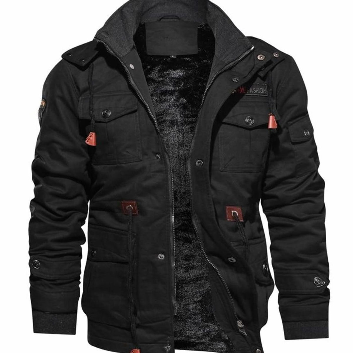 Men's Fleece-Lined Multi-Pocket Hooded Cargo Jacket - Black