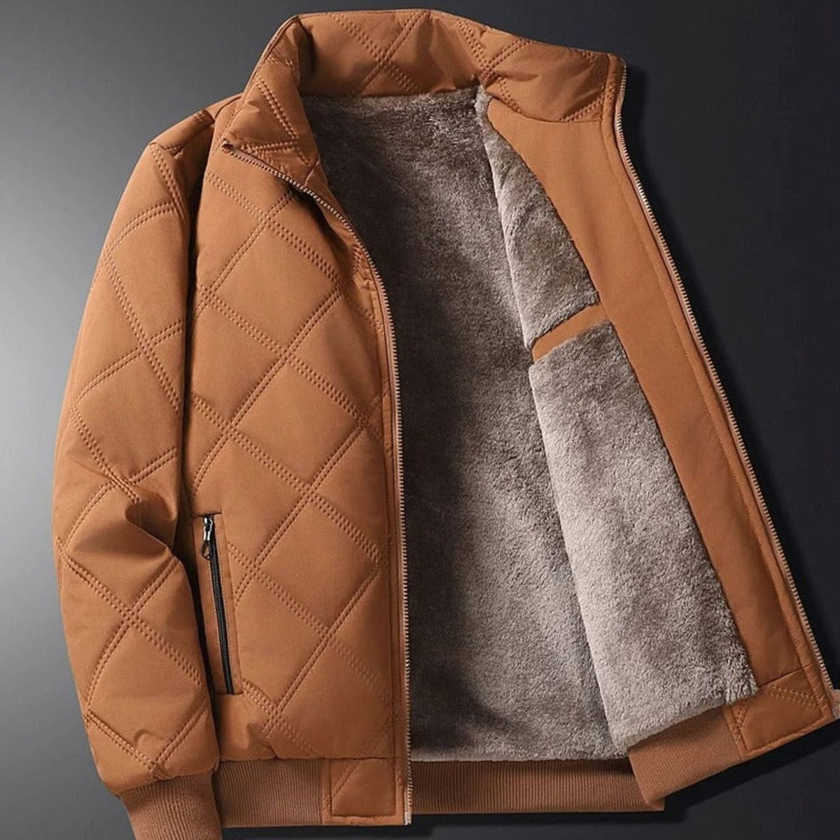 Men's Fleece-Lined Quilted Windproof Stand-Collar Bomber Jacket