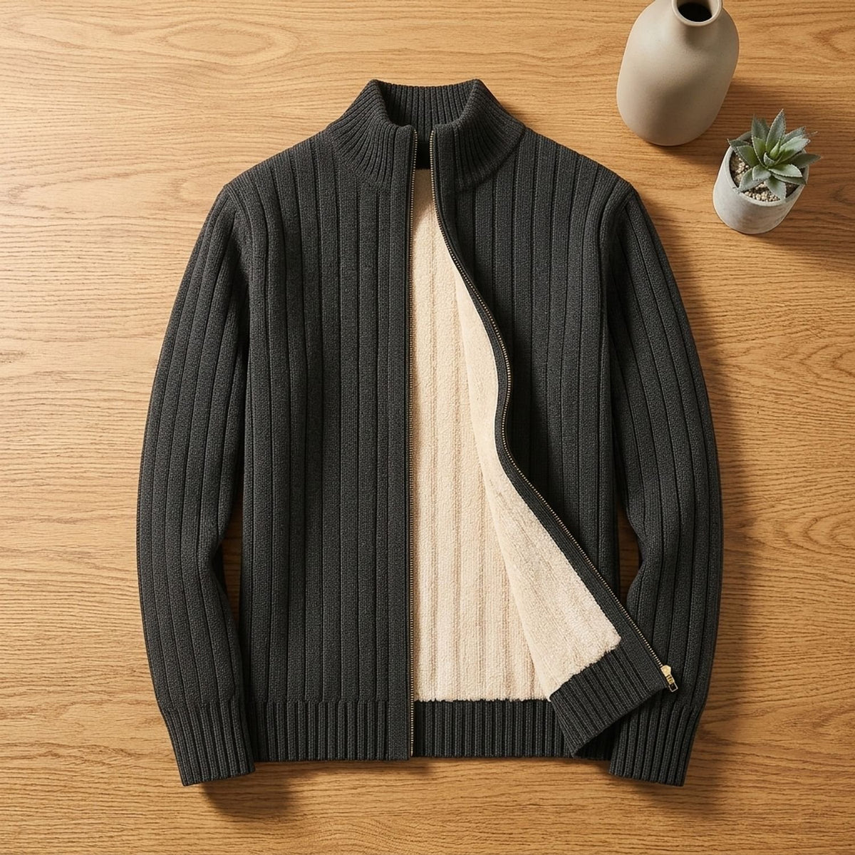 Men's Fleece-Lined Ribbed Knit Full-Zip Cardigan - Dark Grey
