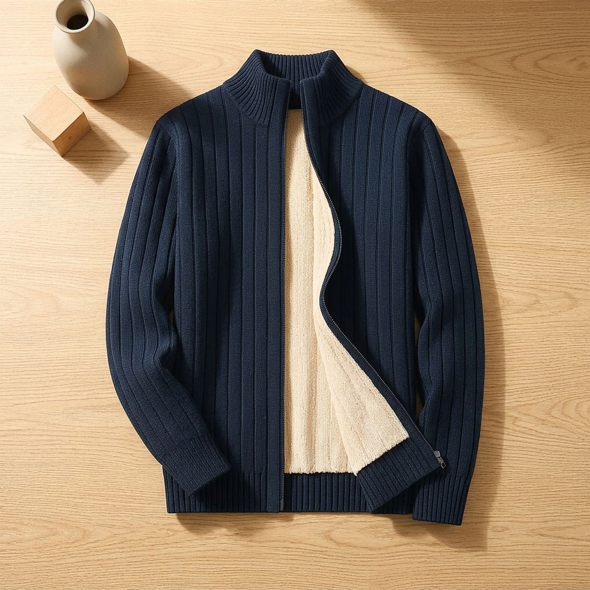Men's Fleece-Lined Ribbed Knit Full-Zip Cardigan - Navy Blue