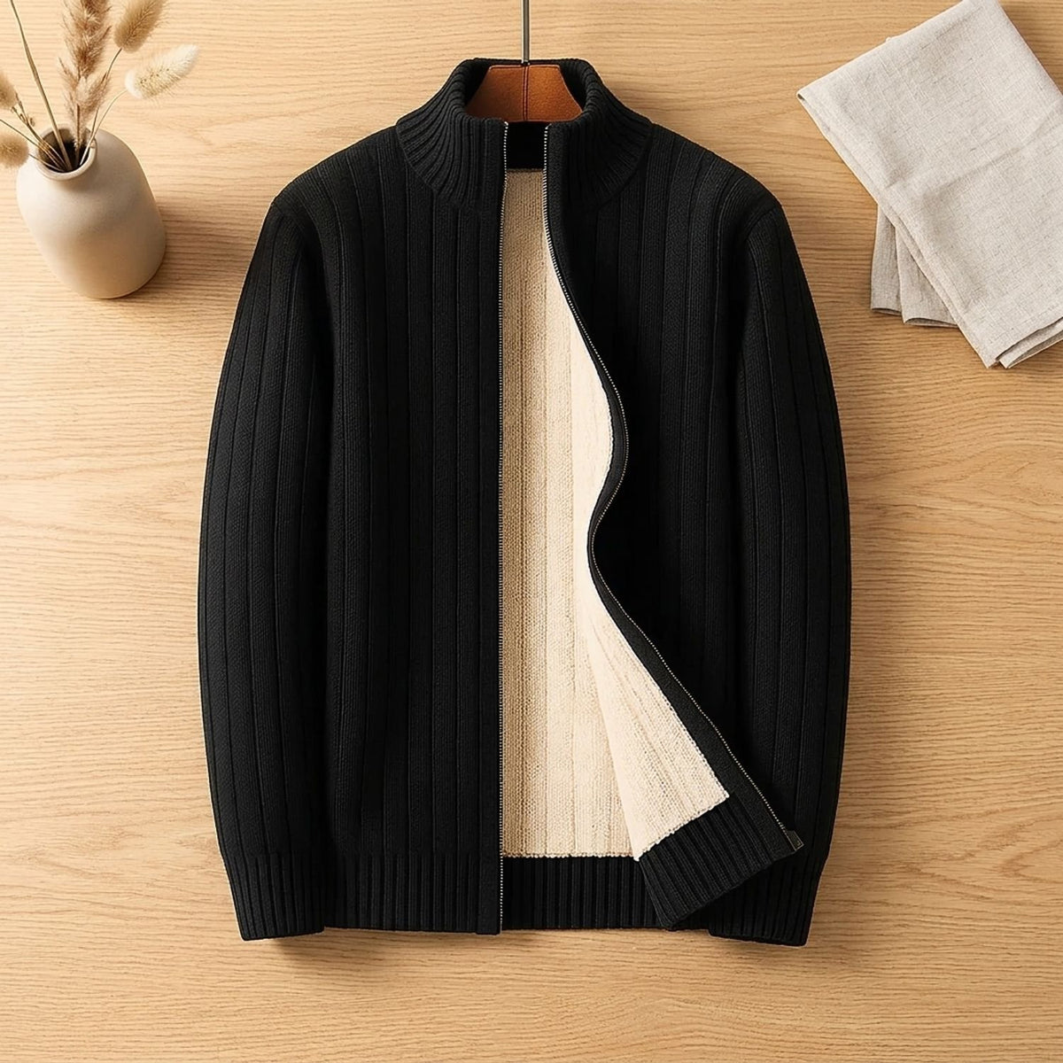 Men's Fleece-Lined Ribbed Knit Full-Zip Cardigan - Black