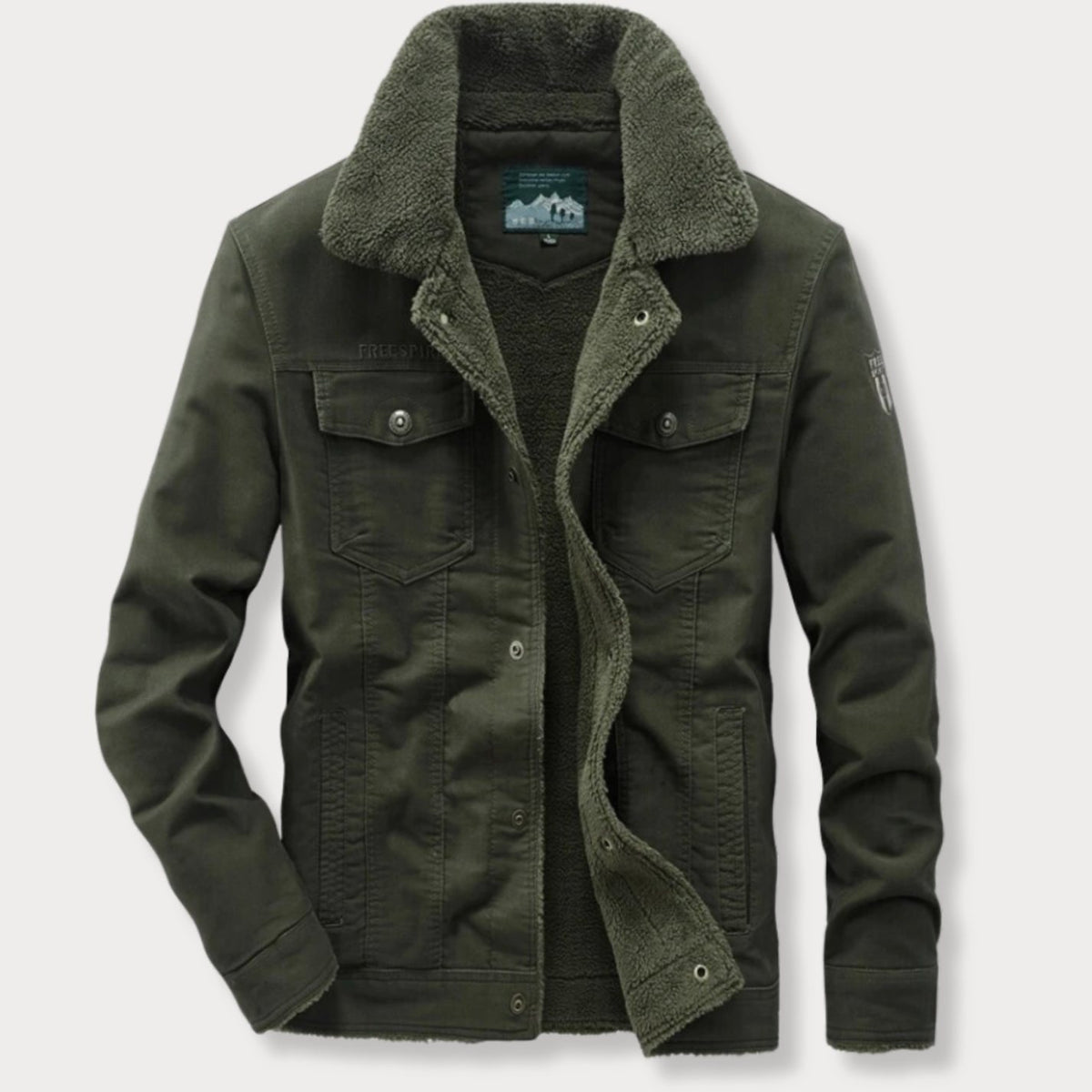 Men's Fleece-Lined Sherpa Collar Cotton Cargo Jacket - Green