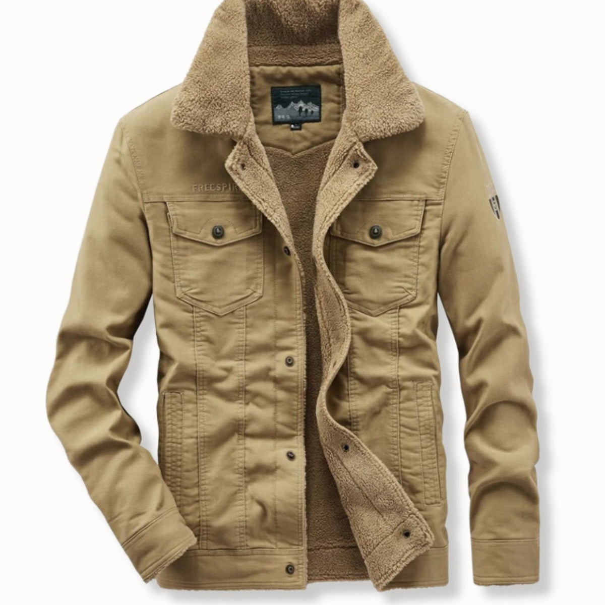 Men's Fleece-Lined Sherpa Collar Cotton Cargo Jacket - Khaki