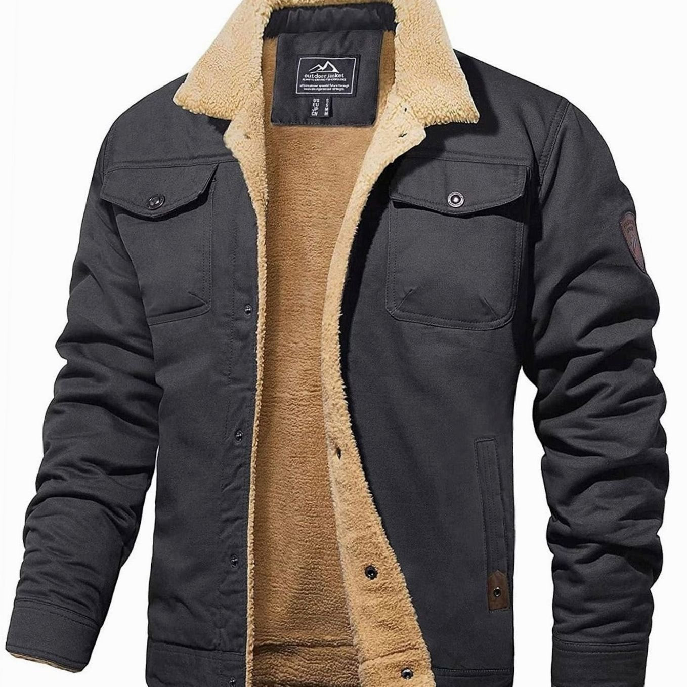 Men's Fleece-Lined Sherpa Collar Outdoor Casual Jacket - Dark Grey