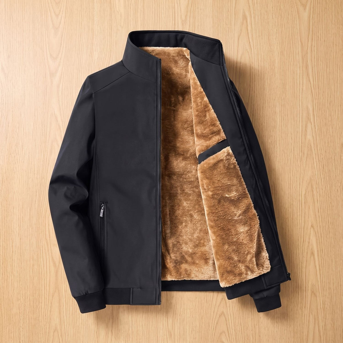 Men's Fleece-Lined Zip-Up Bomber Jacket Stand Collar