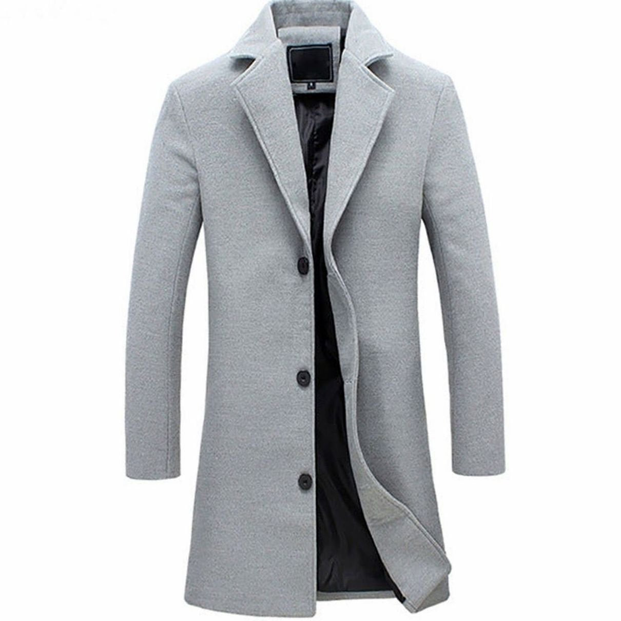 Men's Formal Single-Breasted Long Overcoat Tailored Wool-Look - Grey