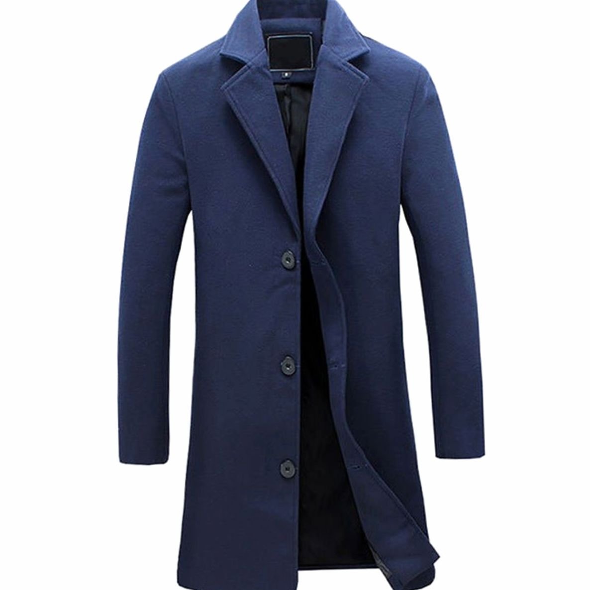 Men's Formal Single-Breasted Long Overcoat Tailored Wool-Look - Navy Blue