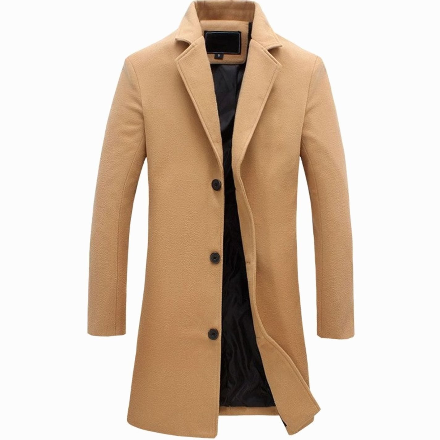 Men's Formal Single-Breasted Long Overcoat Tailored Wool-Look - Khaki