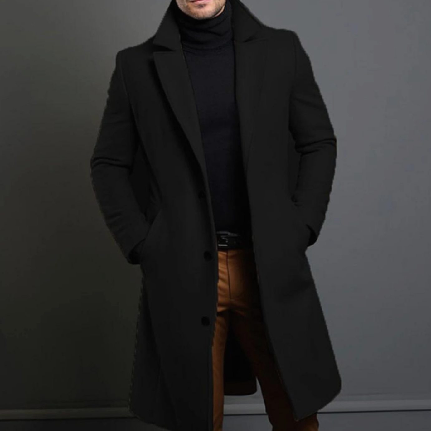 Men's Formal Slim-Fit Single-Breasted Winter Coat - Black