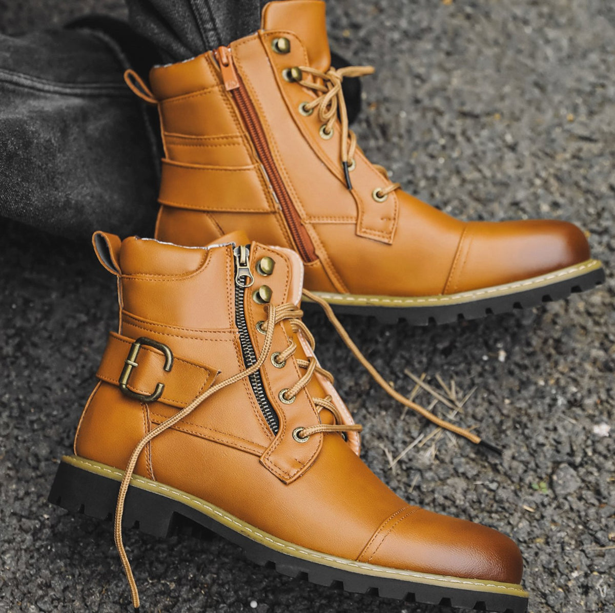 Men's Full-Grain Leather Lace-Up Side-Zip Ankle Boots