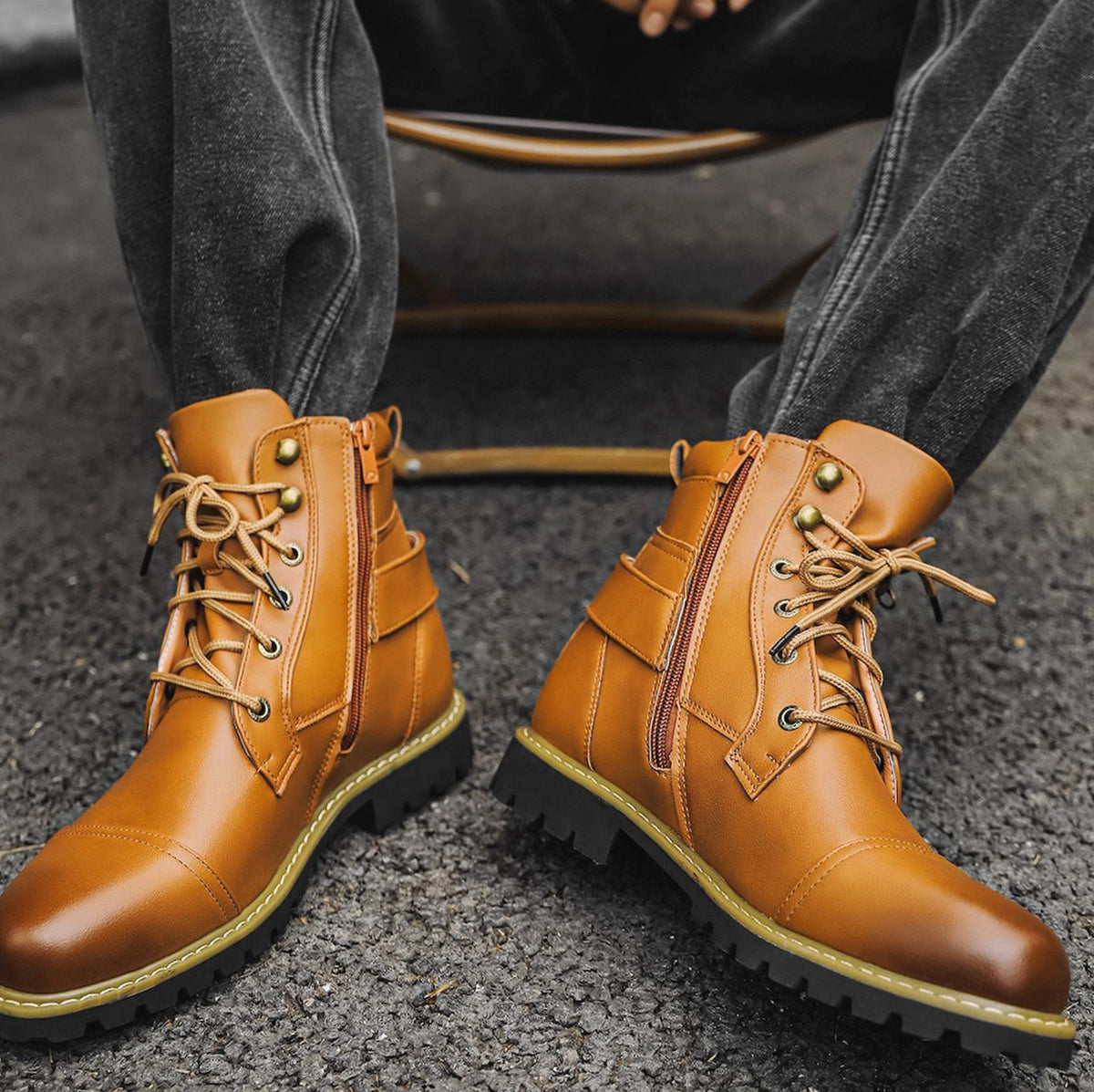 Men's Full-Grain Leather Lace-Up Side-Zip Ankle Boots