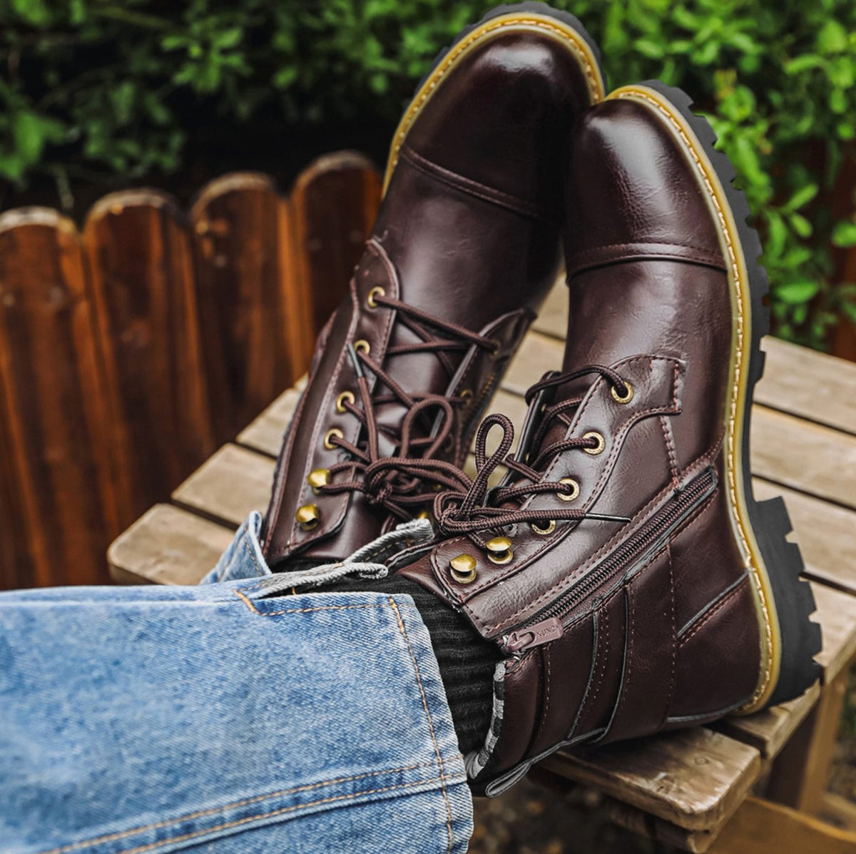 Men's Full-Grain Leather Lace-Up Side-Zip Ankle Boots