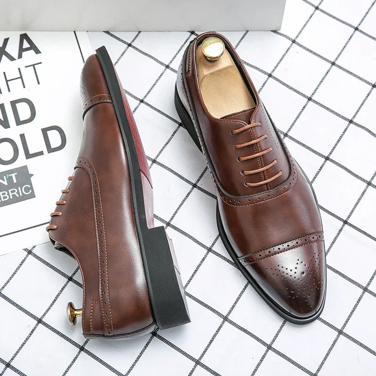 Men's Genuine Leather Cap-Toe Brogue Oxford Dress Shoes - Brown