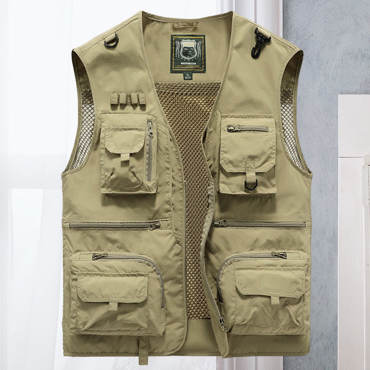 Mens Gilet Multi-Pocket Lightweight Outdoor Zip-Up Vest - Khaki