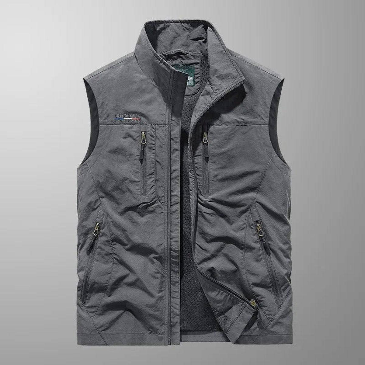 Mens Gilet Sleeveless Multi-Pocket Zip-Up Outdoor Cargo Vest - Grey