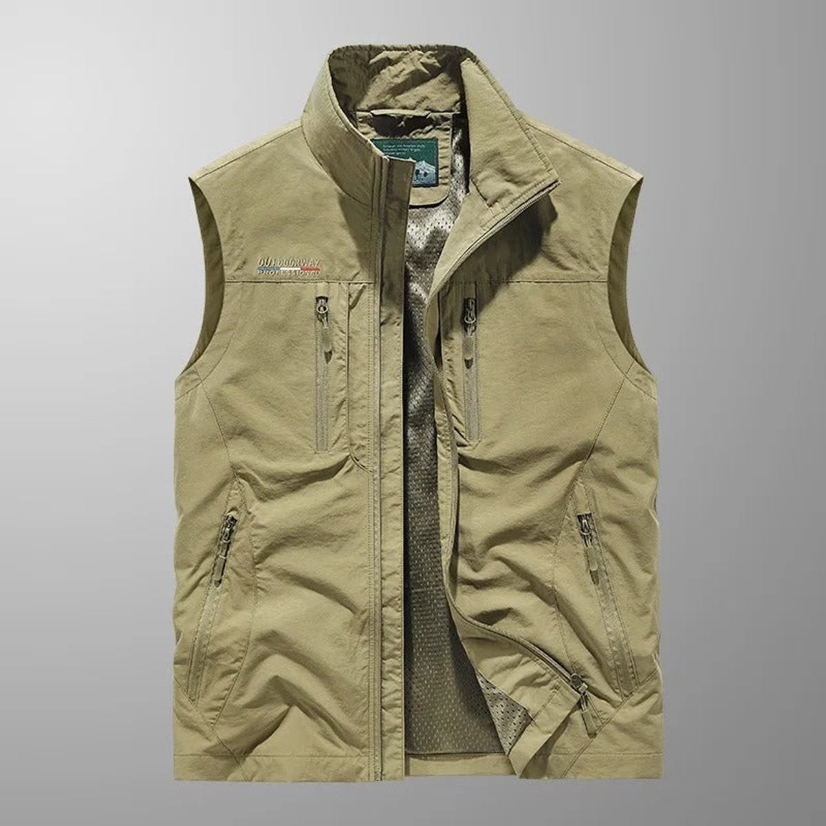 Mens Gilet Sleeveless Multi-Pocket Zip-Up Outdoor Cargo Vest - Khaki