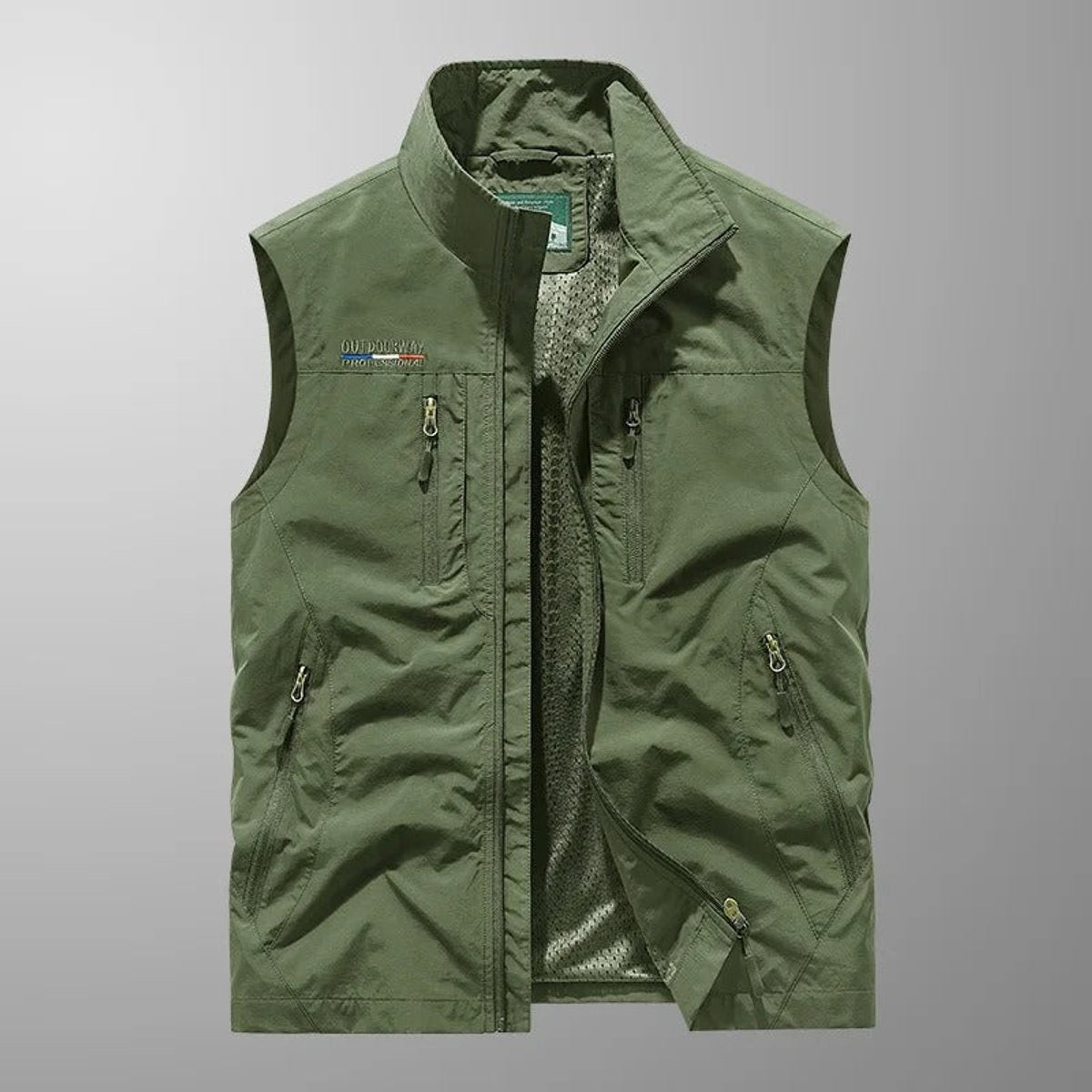 Mens Gilet Sleeveless Multi-Pocket Zip-Up Outdoor Cargo Vest - Green