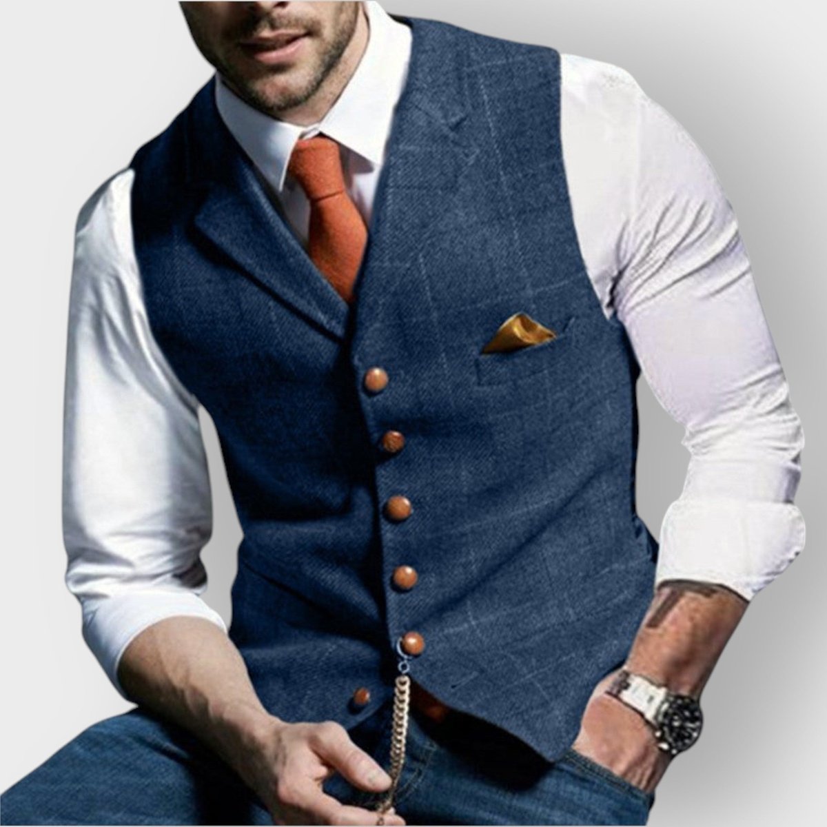 Mens Gilet Slim-Fit Tweed Checked Button-Up Waistcoat - Blue