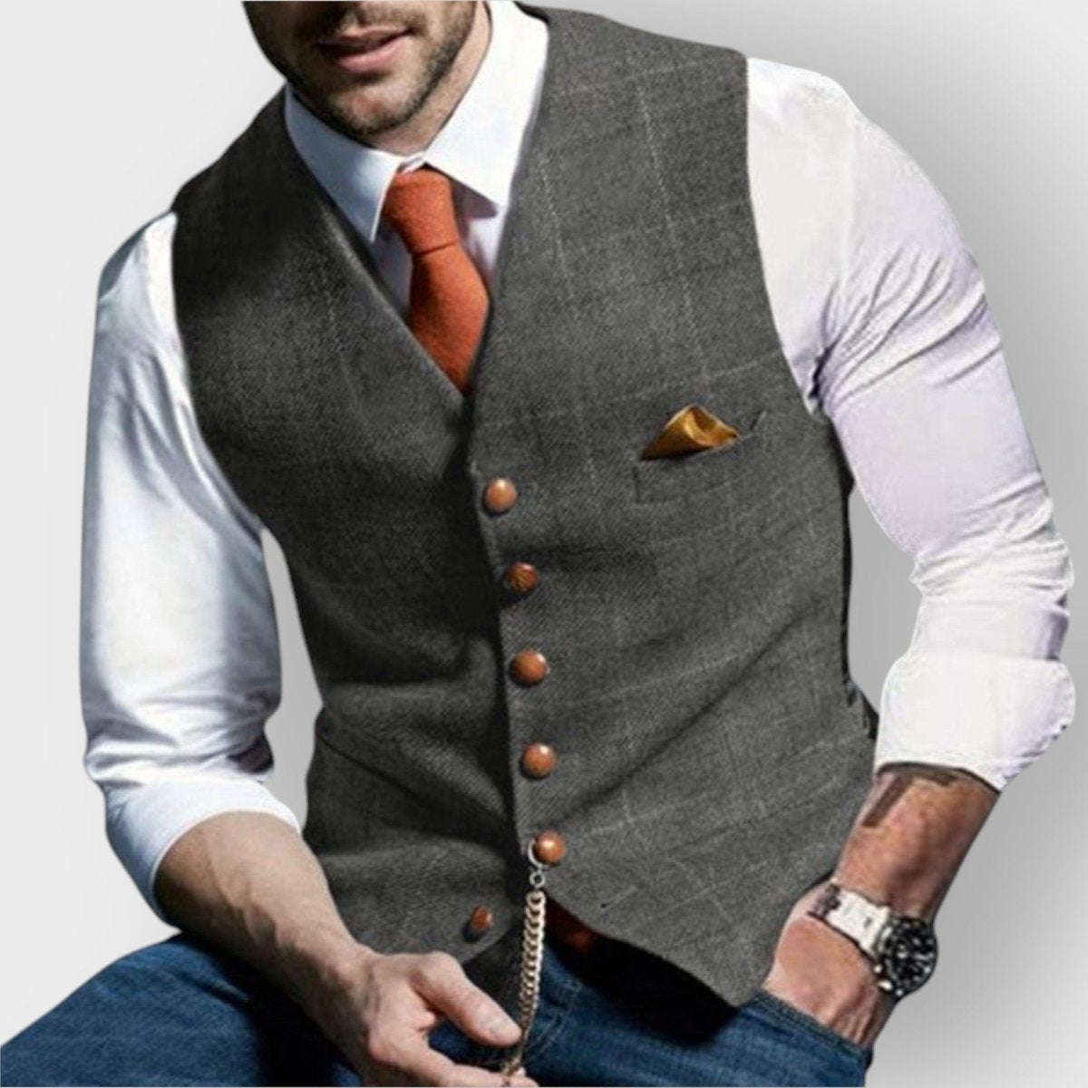 Mens Gilet Slim-Fit Tweed Checked Button-Up Waistcoat - Light Grey