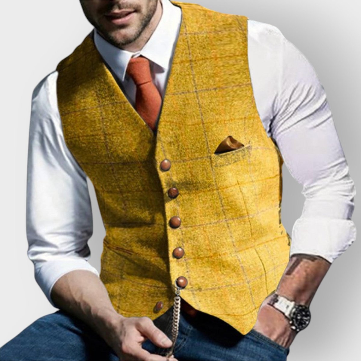 Mens Gilet Slim-Fit Tweed Checked Button-Up Waistcoat - Yellow